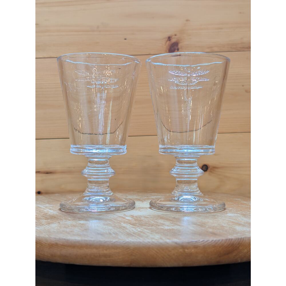 French Country Dragonfly Clear Glass Wine Goblet - Set of 2 - 6" - MINT